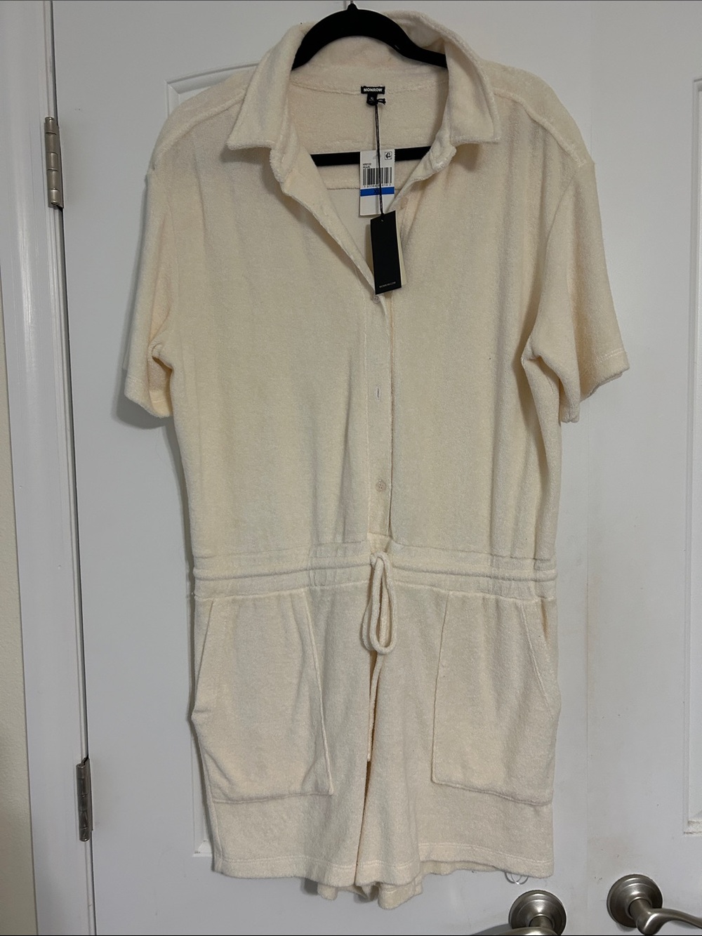 Monrow Cream Short-Sleeve Terry Romper with Drawstring